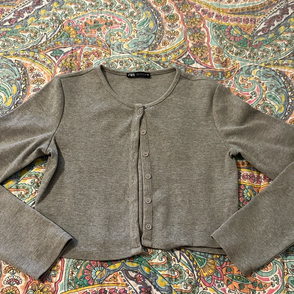 Zara Cropped Women's Gray Large Long Sleeve Button Down Top